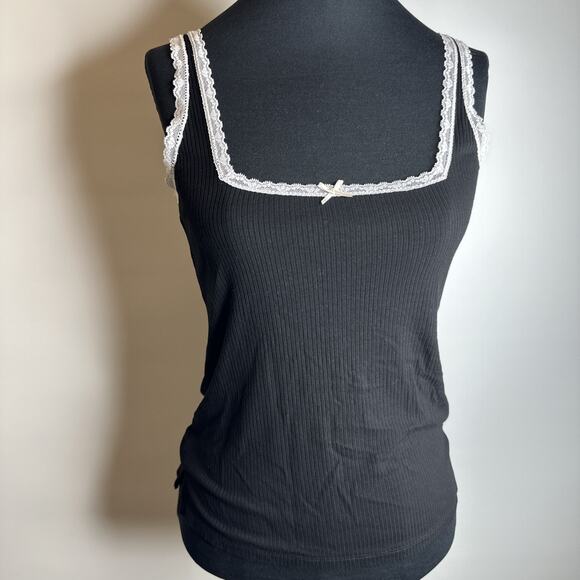 Honey Dew Fine Rib Lace Trim Tank Top Cami Square Neck Black Size S Soft Comfy - Picture 3 of 8